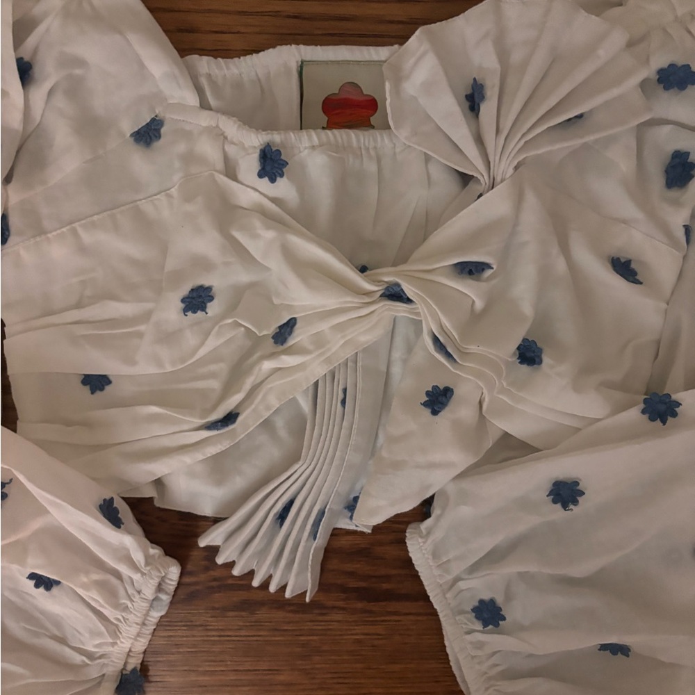 FARM Rio White Crop Top with Blue Floral Appliqués